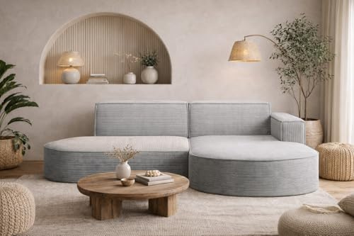 Kaiser Möbel - Ecksofa mit Wohnlandschaft, Eckcouch L-Form, Sofa 3-sitzer, Polstersofa, Bequemes Couch mit Ottomane für Wohnzimmer, Relaxsofa, Stilvolles Cord Sofa, Modena Studio, Hellgrau, Rechts