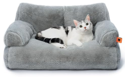 MEWOOFUN groß Katzenbett kleines Hundesofa Flauschig und waschbar Katzensofa Hundebett für Katzen, weich Katzenbett katzencouch mit Rutschfester Unterseite, Grau 66x48cm
