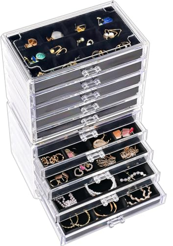 ProCase Acryl Schmuck Organizer Schmuckschatulle für Damen Durchsichtige Schmuckaufbewahrung Schmuckkästchen Schmuckbox mit 10 Schubladen für Ohrringe, Ringe, Armbänder -Schwarz | Jewelry Organizer mit Schubladen, Stapelbares Schmucktablett für Ringe Armbänder und weiteren Schmuck