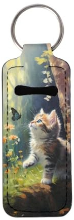 Hechitok Cute Cat Butterfly Chapstick Holder Keychain,Portable Lipstick Sleeve Pouch Clip-on Chapsticks Travel Makeup Accessories for Women Girls