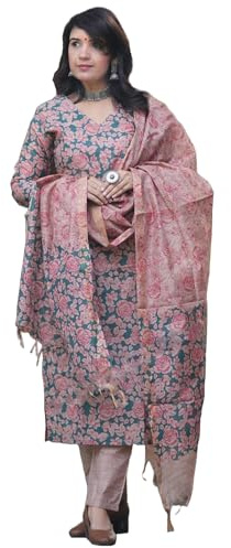 GoSriKi bomullsblandning med tryck, rak kurta med byxa och Dupatta, Grön, XXL