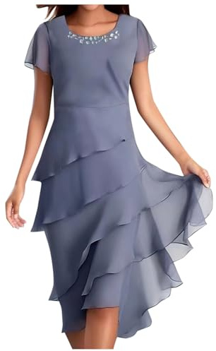 LOSSLO Sommerkleid Damen Knielang, Chiffonkleid Damen Sommer,Freizeitkleid Damen Elegant Volantkleider Kurzarm Rundhals Chiffon Kleider Stufenkleid Swing Kleid Damenkleid Sommerkleider für Frauen