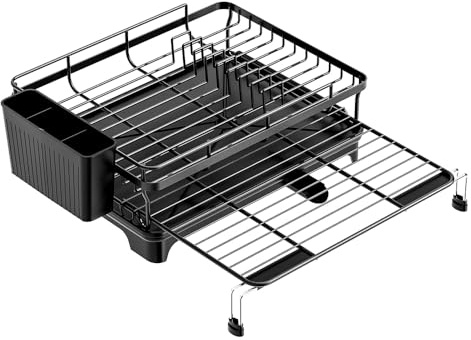 TentHome Egouttoir Vaisselle Extensible sur Évier INOX Noir, Seche Rangement Vaisselle Étagère Support Range Assiette Couvert, Porte Ustensiles Cuisine Accessoires, Sechoir Organisateur Vaisselle