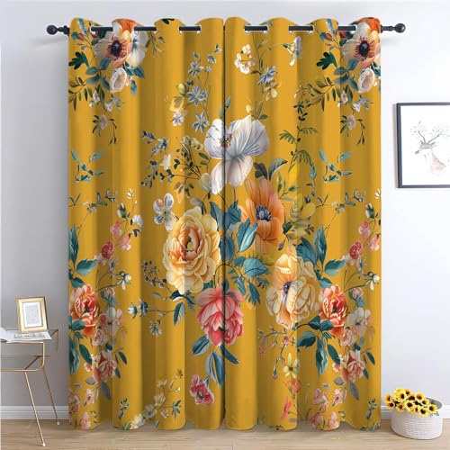 CozyRest Blackout Curtains, Eyelet Curtains 110 W x 102 LWatercolor Vintage Floral Thermal Insulated Curtains for Living Room - Mustard Yellow, One Pair Blackout Curtain