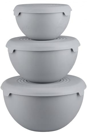 Practic Set di 3 ciotole con coperchio, in plastica, ciotole da cucina: 1,5 l, 3 l e 6 l, 100% ermetiche, senza BPA, lavabile in lavastoviglie (grigio)