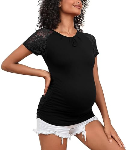 MOMOOD Umstandsshirts Spitze Kurzarm Umstandsoberteile Rundhals Umstandsbluse, Schwarz, Mittel