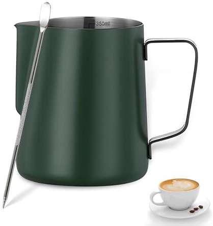 Milchkännchen Edelstahl,Tianher 350 ml Aufschäumer Kännchen Milchkanne aus Edelstahl Milch Pitcher Aufschäumen Krug mit Barista Stift Messung Mark für Cappuccino und Latté (dunkelgrün)