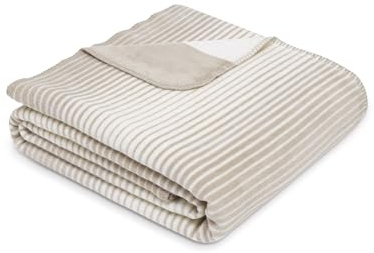 Ibena Decke 150x200 cm - Baumwollmix, Made in Germany, warm & waschbar, Kuscheldecke beige weiß gestreift