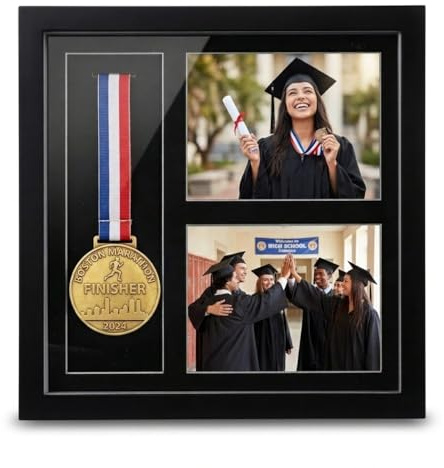 YFPIXA Medaillenrahmen 13 x 13 Zoll für Medaille und 2 Fotos | Glasfront, Bandhalter, zwei Fotobereiche, Aufsteller und Wandhaken