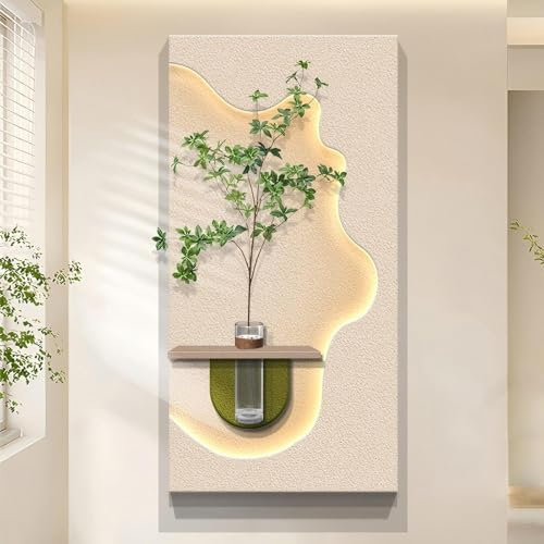 KEJIAWU LED Grüne Pflanze Sandstein Wandbehang, Moderne Schlichte 3D Skulptur Kunst Dekoration Gemälde, Wohnzimmer Dekoration Gemälde, Wandkunst Dekoration(Beige,39in/100cm)