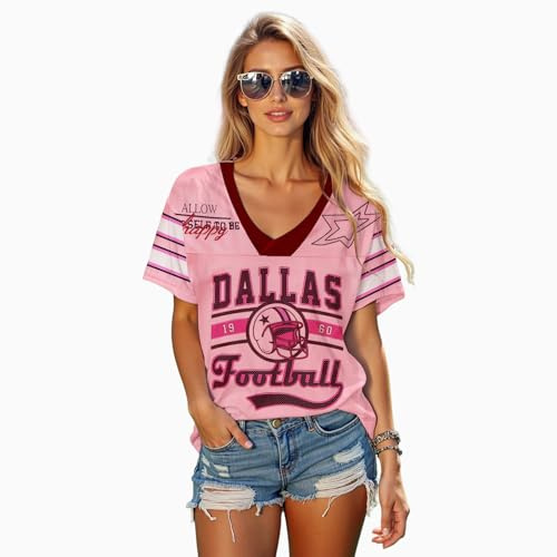 Football Jersey Shirt for Women Game Day T-Shirt Football Season V Neck Baggy Tee Y2k Streetwear Short Sleeve Tops (S, Pink)