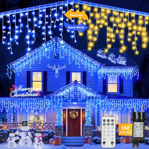 Auniq LED Cadena de luces de carámbano Exterior con mando distancia, 5M 216 LED Navidad Cortina Luces 11 Modos Guirnaldas Carámbano Luces con 5M cable Decoración Fiesta Navidad (Azul & Blanco Cálido)