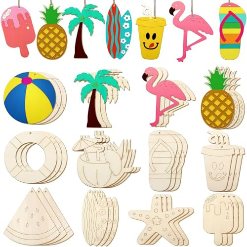 Yohuork 36 Stück Hängedeko Holz Sommer, Strand Holzscheiben mit Schnur, Baumschmuck Sommer, Hawaii Deko Holz, Hawaii Party Deko für Hawaii Sommerparty Tropische Dekorationen