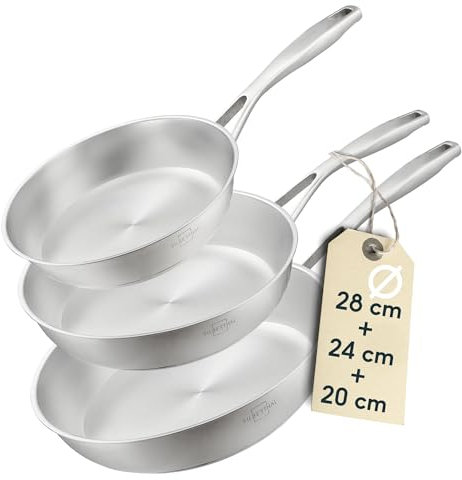 SILBERTHAL Set padelle acciaio inox 20 24 e 28 cm - Induzione gas e forno 400ºC - Senza rivestimento 18/10 - Triplo fondo