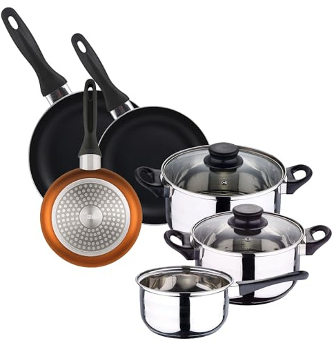 WELL HOME MOBILIARIO & DECORACIÓN Batería de cocina 5pc acero inoxidable + Set 3 sartenes 16/20/24 aluminio prensado, bronce metalizado