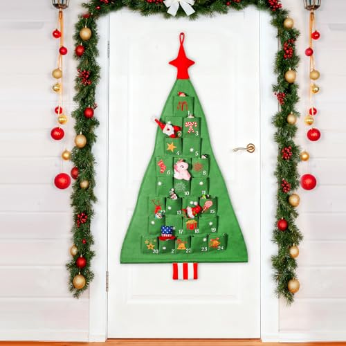 DPKOW 2026 Calendario dell'Avvento di albero di Nataled a 125 x 69 cm, 2026 calendario avvento da riempire in tessuto con 24 sacchetti in tessuto, addobbi natalizi per albero natale decorazioni casa