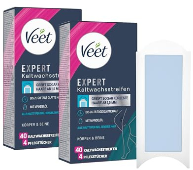 Veet Expert Kaltwachsstreifen 2er Pack Körper & Beine - Wachsstreifen zur Haarentfernung für alle Hauttypen inkl. sensibler Haut - 2 x 40 Doppelstreifen = 80 Streifen