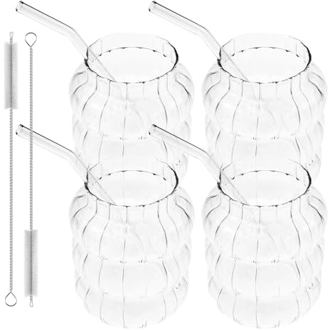 Juego de 4 vasos acanalados con pajitas de cristal, 650 ml, vasos de café con hielo, vasos de agua, vasos de agua, vasos de café y matcha, para cóctel, agua, soda, regalo con