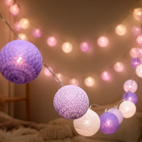 Kaleora LED Lichterkette Baumwollkugeln, 3M 20 LED Weiß Rosa Lila Cotton Ball Lichterkette Batteriebetrieben, 3cm Durchmesser Kugeln Lichterketten für Hochzeit, Party, Kinderzimmer, Innen Deko