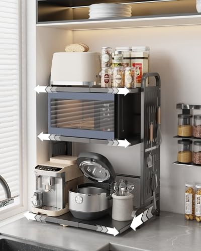 Ornestia 3-Tier Expandable Metal Microwave Shelf for Kitchen,Black | Microwave Stand,kitchen Shelves for Air Fryer With 6 Metal Hooks,Kitchen Countertop Storage Organiser