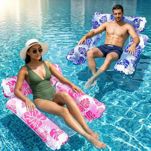 Jsdoin Pool Inflatables, 2 Pack Inflatable Pool Toys, Inflatable Pool Chair for Adults, Swimming Pool Water Hammock, Tanning Pool with 3 Floating Pipes Monstera leaf(Red+Blue)