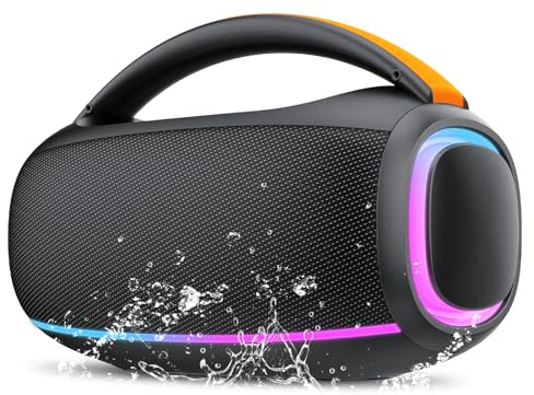 Ajblg Bluetooth 5.4 Altavoz Bluetooth Potente 80W, Impermeable IPX7 Altavoces Portátil Potente con 8000mAh Batería, Sonido Estéreo, USB/RGB/TWS/AUX/TF, Speaker con 2EQ para Exterior, Negro Elegante