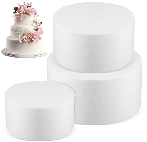 Generico Modelli di Torta in Schiuma 3 Pezzi, Manichini per Torte Rotondi a Strati Diametri 100mm-150mm-200mm, Decorazioni per Torte Finte per Pasticceria e Fotografia, Accessori Leggeri