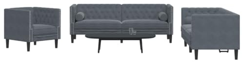 WDGJJFECNMUEHI Chesterfield Sofa Set 3-TLG. Dunkelgrau Samt mit Nackenkissen, Polstergarnitur Wohnzimmer, Bequemes Sofa für Entspannung und Gäste, Modernes Sitzgruppe