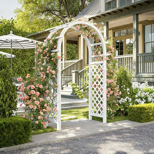 NEONMAN Arche de Jardin en Bois Massif pour Plantes ou Fleurs Grimpantes, Arche en Treillis à Rosiers pour Décoration Extérieure de Fête Mariage(Blanc,120x44x218cm)