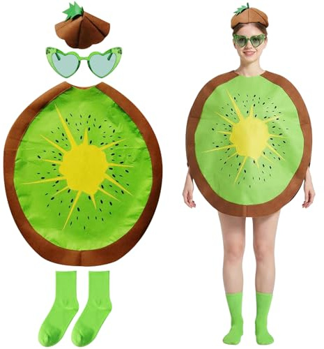 HTTDSLF Traje de Piña para Kiwi, Disfraz Divertido de Fruta Ligero y Cómodo, Disfraz para Adultos - Sombrero, Calcetines, Vestido y Gafas, para Halloween Fiestas Temáticas Cosplay y Eventos Divertidos