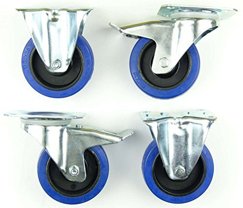 1 Satz 100mm Blue Wheels Transportrollen Lenkrollen mit Bremse/Feststellbremse + Bockrollen, Elastik-Rad blau, 180kg / Rad - INDUSTRIEQALITÄT (2x Brems + 2x Bock)