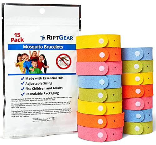RiptGear Mosquito Bracelets - 15 Pack of Mosquito Bracelets for Kids and Adults, Insect Bracelet, Citronella Wristband - DEET Free Mosquito Wristbands, Camping Accessories