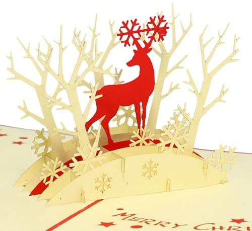 LINPopUp®, LIN17081, POP-UP Karte Weihnachtskarten 3D Grußkarte, Weihnacht Rentier im Wald, N417