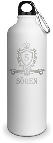 Trinkflasche mit Namen Sören - graviert mit Wappen Monogramm, Aluminiumflasche mit Gravur, Sportflasche - matt weiß