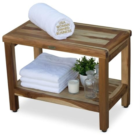 EcoDecors Eleganto 24 Inch Natural Color Waterproof Teak Wood Shower Bench Stool Seat Chair For Inside Shower Provides Safety, Storage, and Organization For Bathroom Accessories