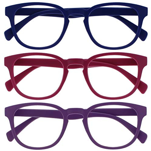 OPULIZE Pop Lesebrille 3er Pack Keck Rund Matt Rahmen Federscharniere Kratzfest Blau Rosa Lila Herren Damen RRR2-345 +1.00