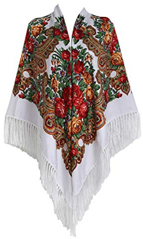 Gudessly 157,5 x 157,5 cm Oversize Donna Tradizionale Retro Sciarpa Avvolgere Nappa Frange Floreale Poncho Scialle Stampa Scialle, bianco, 62 * 62inch