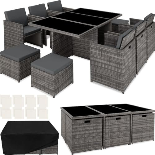 tectake Polyrattan Gartenmöbel Set, Sitzgruppe mit 6 Stühle +1 Glasplatte Tisch + 4 Hocker, Gartenlounge Set klappbar, für bis zu 10 Personen, Balkon Möbel, inkl. 2 Bezugsset - grau