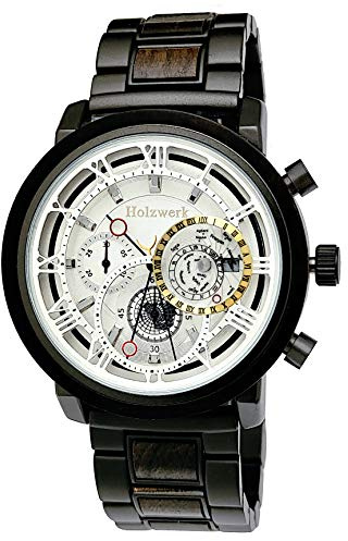 Holzwerk Germany Handgefertigte Designer Herren-Uhr Öko Natur Holz-Uhr Chronograph Armband-Uhr Analog Quarz-Uhr Braun Schwarz Römische Ziffern Datum Holz Ziffernblatt