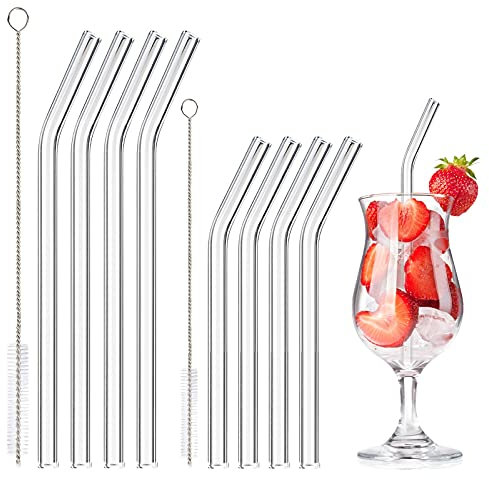 Pajitas de Cristal Reutilizables - 8 Curvadas (4 de 20 cm + 4 de 15 cm) - Transparentes para Cócteles, Batidos y Zumos
