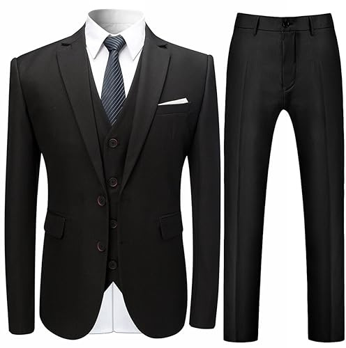 Mens Stylish 3 Piece Dress Suit Classic Fit Wedding Formal Jacket & Vest & Pants, Black, X-Large