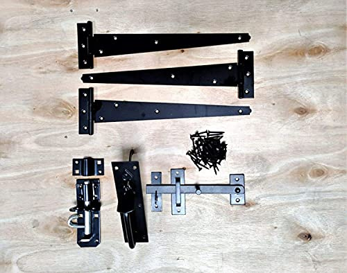 Gate Fitting Kit 12 300mm Heavy Duty Tee Hinges (3), Suffolk Latch and Brenton Bolt Lock Wooden Garden Gate Set Black- Ideal for Garden Gate, Shed Doors & Barn Doors, Supplied with All The fixings