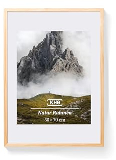KHG Premium-Bilderrahmen 50x70 cm Natur, stabile Glasfront, für Zuhause | hochwertiges Passepartout & MDF-Holzrahmen für Fotos, Poster, Zertifikate & Collagen, vielseitig einsetzbar