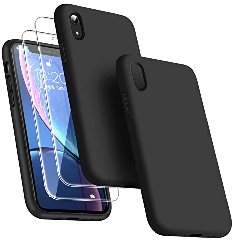 Dssairo [3-in-1 für iPhone XR Hülle, Silikon Hülle für iPhone XR mit 2 Stück Displayschutzfolien, Handyhülle Flüssigsilikon, dünn, stoßfest, Schutzhülle 6,1 Zoll Mikrofaserfutter (schwarz)