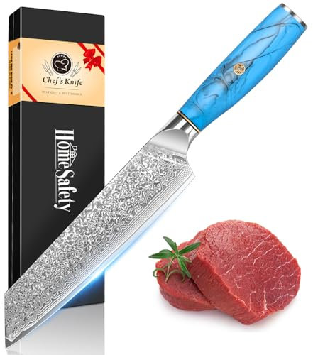 Home Safety Damastmesser Kiritsuke Kochmesser, Damast Küchenmesser mit extrem Scharf 18.8 cm Klinge aus 67 Lagen Vg-10 Damaststahl Ergonomischer Naturharzgriff, Geschenkbox