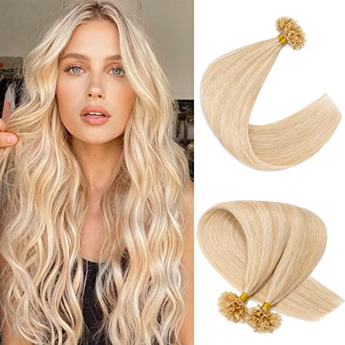 SLEEKALON U Tip Human Hair Extensions - Pre-Bonded Keratin Hot Fusion Highlight Ash Blonde and Bleach Blonde, 18 Inch 100 Strands 50g #18P613