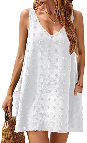 RPAEOY Damen Strandkleid mit Taschen V-Ausschnitt Sommerkleid Sommer Strandponcho Boho Strandtunika Bikini Cover-Ups Strandurlaub Badeanzug Beachwear Bademode Kurze Kleid