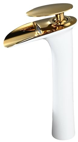 Waterfall Bathroom Mixer Tap, White&Gold Basin Sink Taps, Brass Tall Bathroom Tap Faucet, Single Hole Lever, SHUNLI