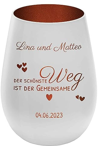 Windlicht mit Gravur Love für Paare - Weiß/Bronze - personalisierbar - Verschiedene Motive auswählbar - Höhe 12 cm - Geschenk Teelichthalter Liebe