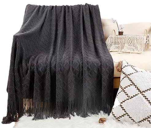 Zoomlie Sofa-Strickdecke mit Quaste, Nickerchen, Doppel-Rhomboid-Muster, Schal, weiche, bequeme Decke, geeignet für Bett, Sofa, Auto, Reisen (dunkelgrau, 127 x 172 cm)